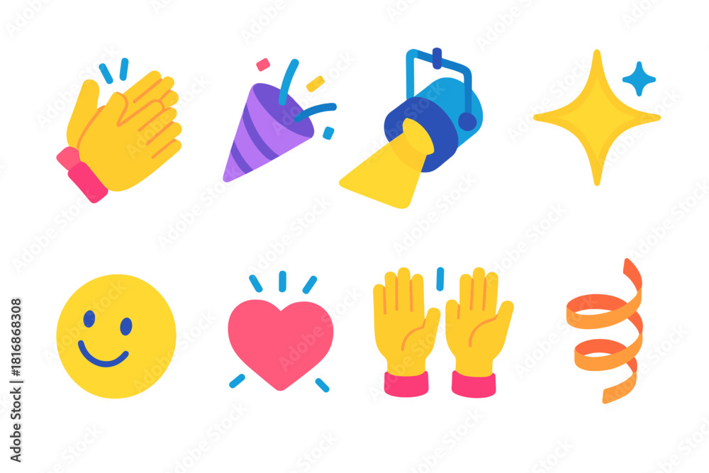 Fototapeta premium Vibrant Applause Icons. Applause Set flat icons set. clapping hands, confetti burst, stage spotlight, star sparkle, smiling face, heart glow, raised hands, ribbon swirl