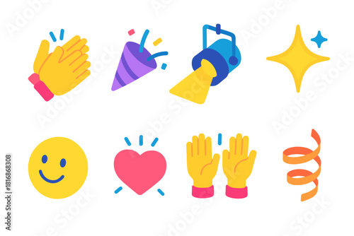 Vibrant Applause Icons. Applause Set flat icons set. clapping hands, confetti burst, stage spotlight, star sparkle, smiling face, heart glow, raised hands, ribbon swirl