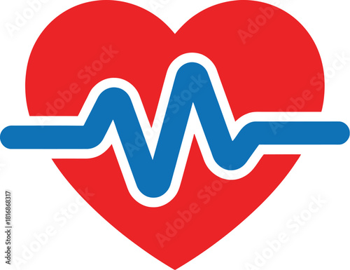 A vibrant red heart graphic with a blue electrocardiogram line inside on transparent background