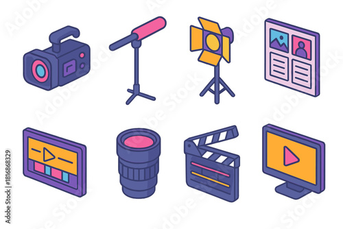Filmmaking Set Icons. Modern Filmmaking flat icon set: digital camera, boom mic, lighting rig, storyboard, film editing timeline, lens, slate board, monitor screen