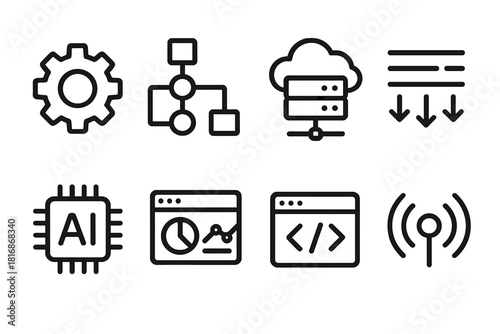 Tech Icons in Black. Automation Systems linear icon set. gear icon, workflow chart, cloud server, data stream, AI chip, dashboard screen, code brackets, signal lines
