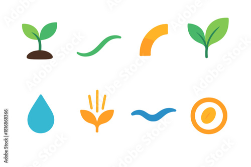 Minimalist Growth Icons. Organic Development flat icon set: budding sprout, soft curve line, growth arc, unfolding leaf, supportive droplet, rising beam, gentle wave, seed ring