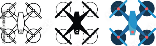 A set of three quadcopter drone icons showing line art silhouette and colorful flat design styles