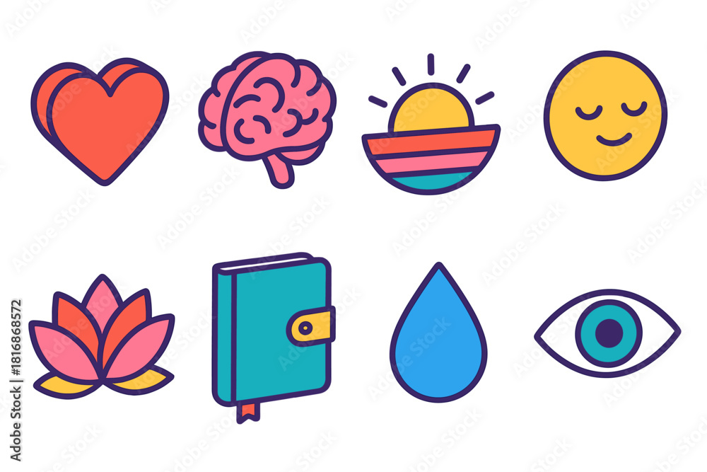 Fototapeta premium Emotional Clarity Icons. Emotional Clarity flat icon set: heart, brain, sunrise, calm face, lotus flower, journal, droplet, eye