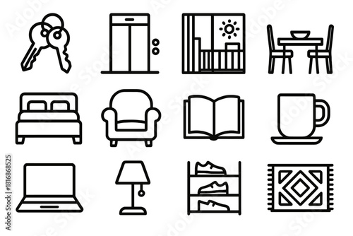 Apartment Living Icons. Apartment lifestyle linear icon set: keys, elevator, balcony view, dining table, bed, armchair, book, mug, laptop, lamp, shoe rack, rug
