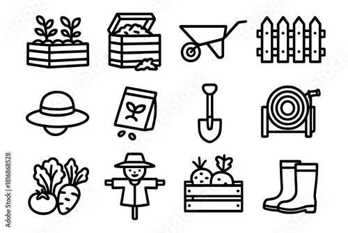Community Garden Icons. Community garden linear icon set. raised bed, compost bin, wheelbarrow, fence, gardening hat, seeds, spade, hose reel, vegetables, scarecrow, crate, boots
