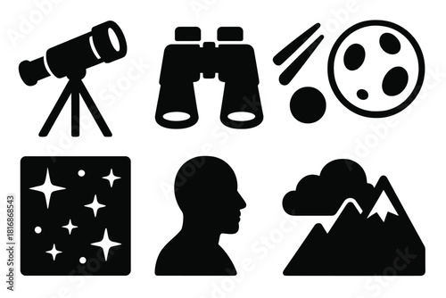 Brutalist Night Sky Icons. Night Sky Watching silhouette icon set: telescope, binoculars, meteor streak, moon, star field, cloud, person silhouette, mountain