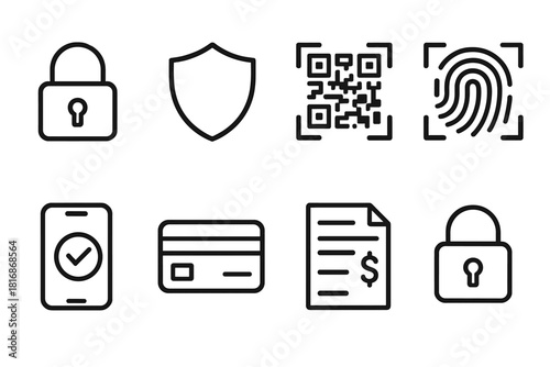 Digital Security Icons. Secure Transactions linear icon set. lock symbol, shield, QR code, fingerprint scan, confirmation screen, bank card, invoice, padlock