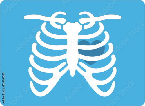 Blue square icon depicting a white human ribcage and heart perfect for medical applications on transparent background