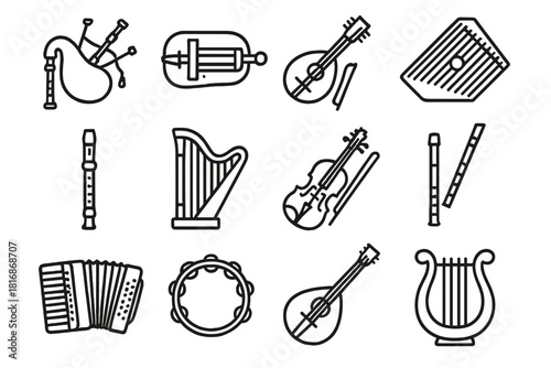 Classical Folk Instruments Icons. European classical folk instruments linear icon set: bagpipe, hurdy-gurdy, mandolin, zither, recorder, harp, fiddle, tin whistle, accordion