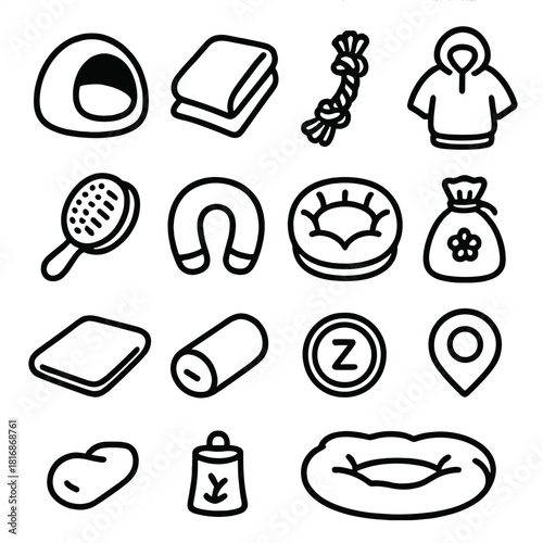 Pet Relaxation Essentials. Pet Relaxation Set linear icon set: plush sleep pod, soft throw blanket, calming rope toy, snug hoodie icon, soothing massage brush, comfy travel pillow
