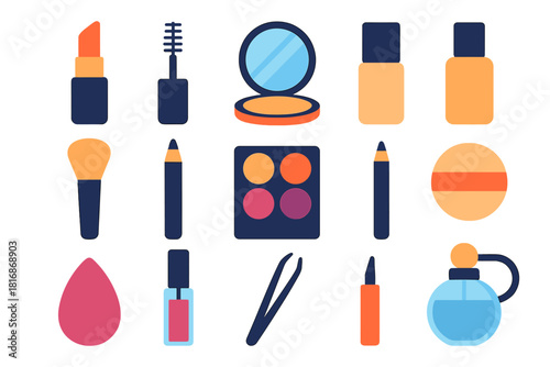 Minimalist Makeup Icons. Daily Makeup Kit flat icons set. lipstick, mascara, compact mirror, foundation bottle, blush brush, eyeshadow palette, eyeliner pencil, powder puff, makeup