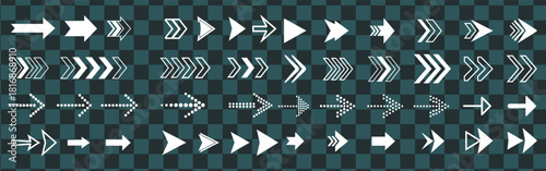Seamless pattern of white arrows pointing in various directions on a checkered background design element