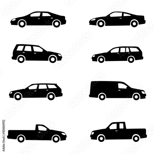 Modern Car Silhouette Vector Set: Black Profile Icons of Sedan, Coupe, SUV, and Van Shapes. Automobile Transportation Graphics and Minimalist Logo Elements