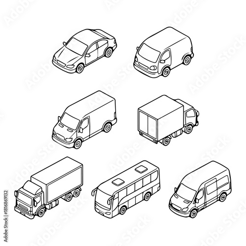 Clean Isometric Transportation Line Art: Vehicle Icon Set with Sedan, Delivery Van, Box Truck, Semi-Trailer, and Passenger Bus Outlines for Infographics & Map Assets