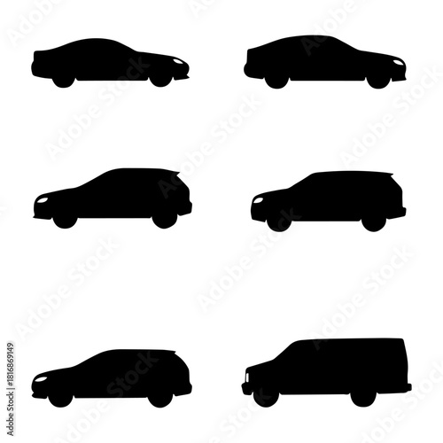 Modern Car Silhouette Vector Set: Black Profile Icons of Sedan, Coupe, SUV, and Van Shapes. Automobile Transportation Graphics and Minimalist Logo Elements