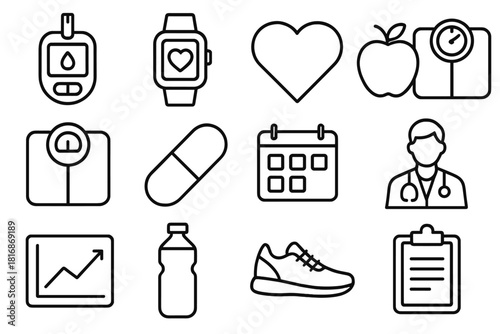 Health Icons Collection. Condition Control linear icon set: glucose meter, smartwatch, heart, apple, scale, pill, calendar, doctor, chart, water bottle, exercise shoe, clipboard