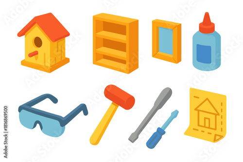 DIY Craft Icons. DIY Creations flat icons set. wooden birdhouse, shelf, frame, glue bottle, screw driver, safety goggles, mallet, plan sketch