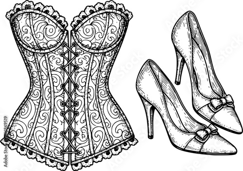 Vintage corset and shoes in engraving style. Hand-drawn black outline illustration set showcasing classic fashion apparel.
