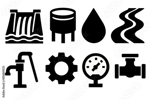 Water Management Icons. Water Management silhouette icon set. dam, tank, droplet, river, pump, gear, gauge, pipe.