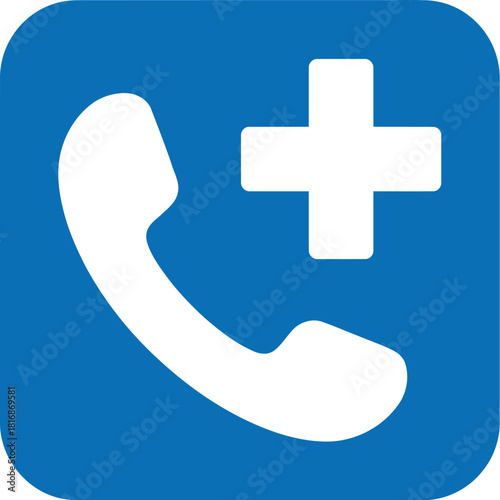 Blue medical phone icon featuring a white handset and plus symbol on transparent background