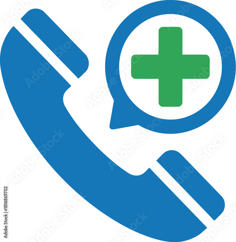 Blue medical phone icon with a green plus sign in a speech bubble on transparent background