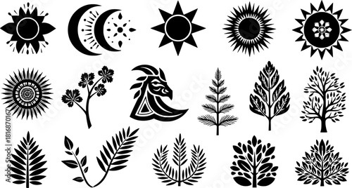 Tribal folk art blackwork: celestial and nature-inspired silhouette collection for design
