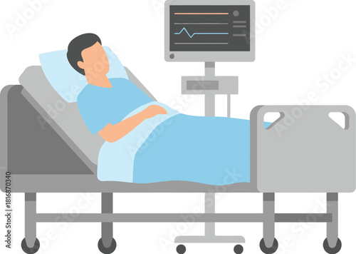 Patient lying in hospital bed with medical monitoring equipment flat vector illustration on transparent background