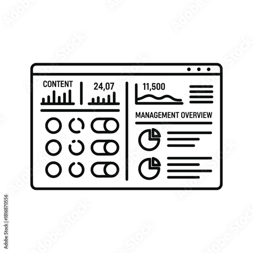 Outline icon of a management dashboard interface showing various charts, toggles, and data statistics isolated on
