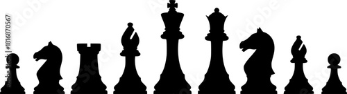Silhouette of a complete set of chess pieces arranged in a line on a white background showcasing their distinct shapes and forms
