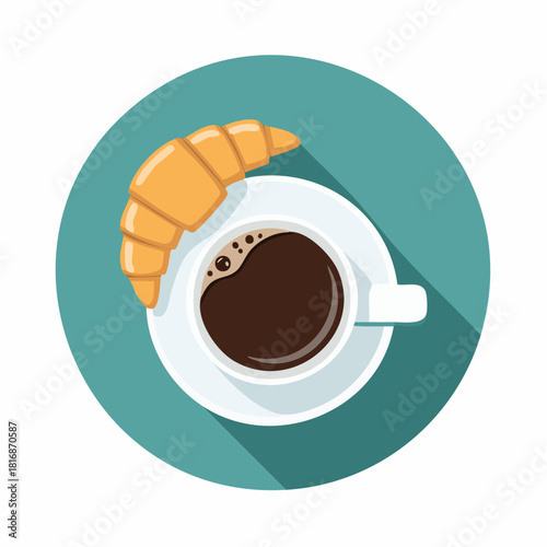 Vector illustration of a hot coffee cup with a golden croissant and mint leaves on a white background, perfect for breakfast themes, café menus, and food design projects.