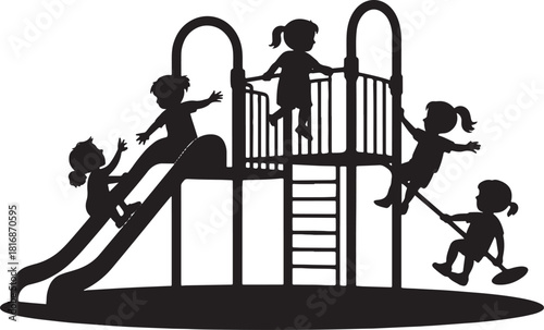 Children playing on a black silhouette playground sliding