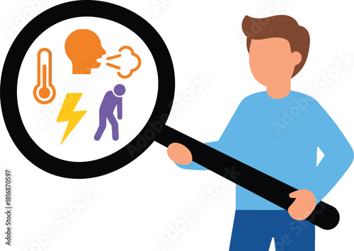 A person looking through a magnifying glass at symptoms like fever cough and lightning on transparent background
