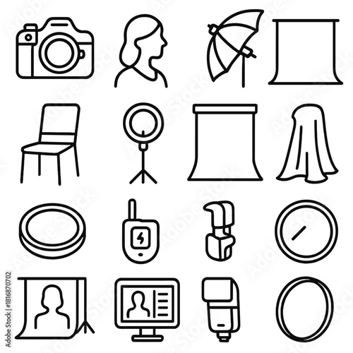 Photography Studio Essentials. Portrait studio linear icon set. camera, model silhouette, lighting umbrella, chair, ring light, mirror, backdrop roll, lens cap, flash trigger