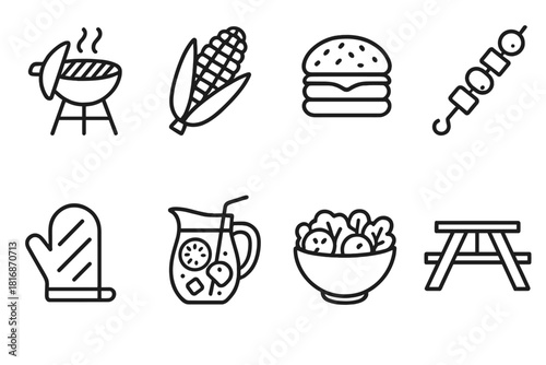 Family BBQ Icons. Family barbecue concept linear icon set: grill, corn cob, burger, skewer, oven mitt, lemonade, salad bowl, picnic bench , balanced modern domestic outlines