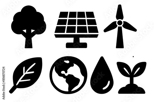 Eco Icon Collection. Eco Protection Set silhouette icon set. tree, solar panel, wind turbine, recycling bin, leaf, earth, droplet, seedling.