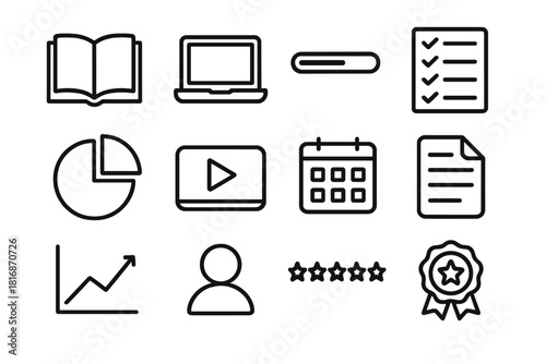 Course Dashboard Icons. Course Dashboards linear icon set. open book, laptop icon, progress bar, checklist, pie chart, video play button, calendar, document icon, graph line