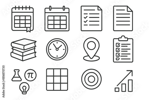 Academic Icons Set. Academic Planning Elements Set linear icon set: study planner, calendar page, course list, assignment sheet, book stack, time clock, goal marker, checklist
