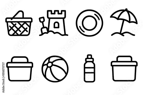 Beach Day Icons. Family Beach Day linear icon set: picnic basket, sandcastle, toy shovel, inflatable ring, umbrella shade, cooler box, beach ball, water bottle