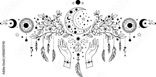 Celestial mystic separator. Ornate boho magical divider decorative element
