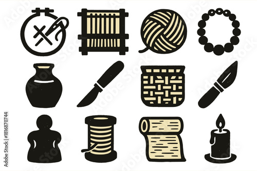 Brutalist Craft Icons. Handcrafted art silhouette icon set. embroidery, loom, yarn ball, beaded necklace, pottery, carving knife, woven basket, paintbrush, clay figure, thread