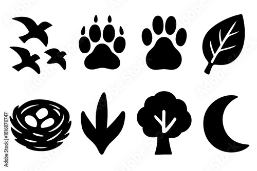 Bold Wildlife Icons. Wildlife Behavior Icons silhouette icon set. bird flock, hunting paw, footprint, leaf, nest, animal track, tree, moon.