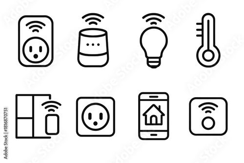 Smart Home Icons. Home Automation linear icon set. smart plug, voice assistant, light bulb, temperature gauge, window sensor, outlet, smartphone, control hub