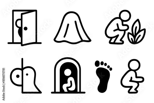 Iconic Hiding Silhouettes. Physical Hiding linear icon set: behind-door figure, blanket cover, crouched silhouette, foliage concealment, peek line, shadow nook, hidden footprint