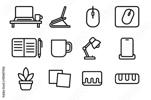 Outline Desk Icons. Laptop Workspace Icons linear icon set: desk setup, laptop stand, mouse, mousepad, notebook, pen, coffee mug, desk lamp, phone dock, plant pot, sticky notes