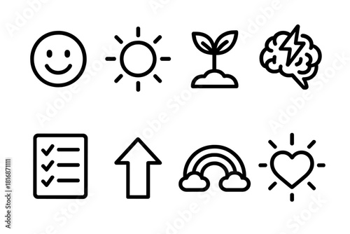 Positive Icons Collection. Positive Mindset linear icon set: smile, sunshine, growth plant, brain spark, gratitude list, uplifting arrow, rainbow, heart glow