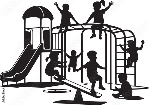 Children playing on playground equipment silhouette