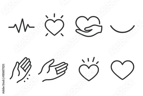 Expressions of Love Icons. Love emotions linear icon set: heartbeat line, glowing heart, comfort hand, smile curve, caring gesture, gentle touch icon, warm aura, sentiment spark