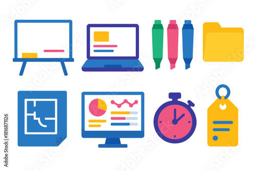 Innovative Workspace Icons. Collaborative Innovation Spaces Tools flat icon set: whiteboard, laptop, marker set, resource folder, blueprint sheet, dashboard screen, timer
