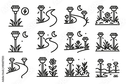 Solar Garden Illumination. Solar Pathway Lights linear icon set. solar stakes, soft illumination, curved path, flower bed edges, dusk setting, energy symbol, glowing discs, clean